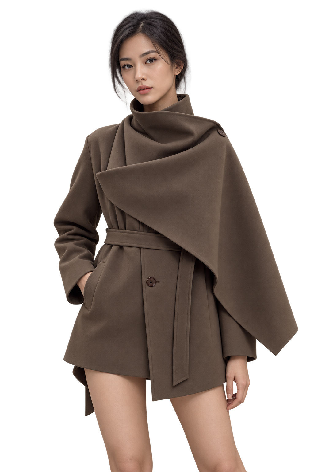 Model wearing a brown belted trench coat with an oversized draped shawl